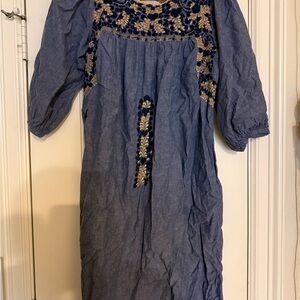 Mi Golondrina Blue and Gold Embroidered Midi Dress